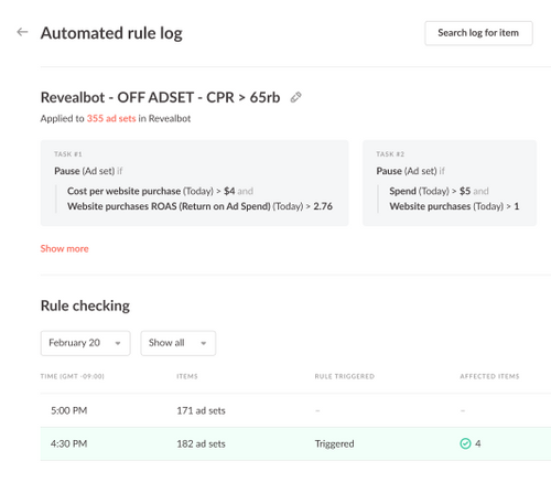 Automated rule activity log
